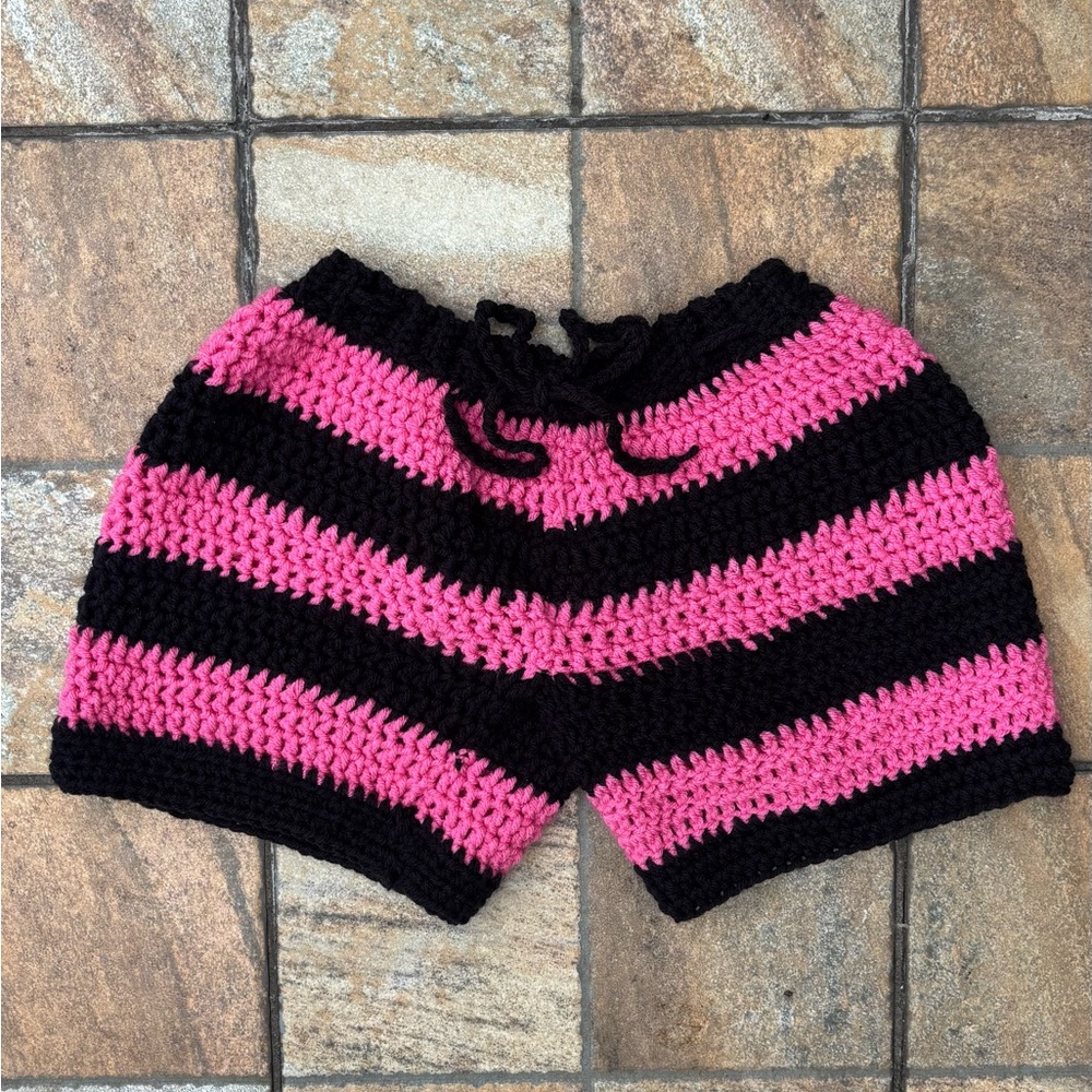 Handmade Crochet Striped | Cotton Drawstring Waist | Pink & Black